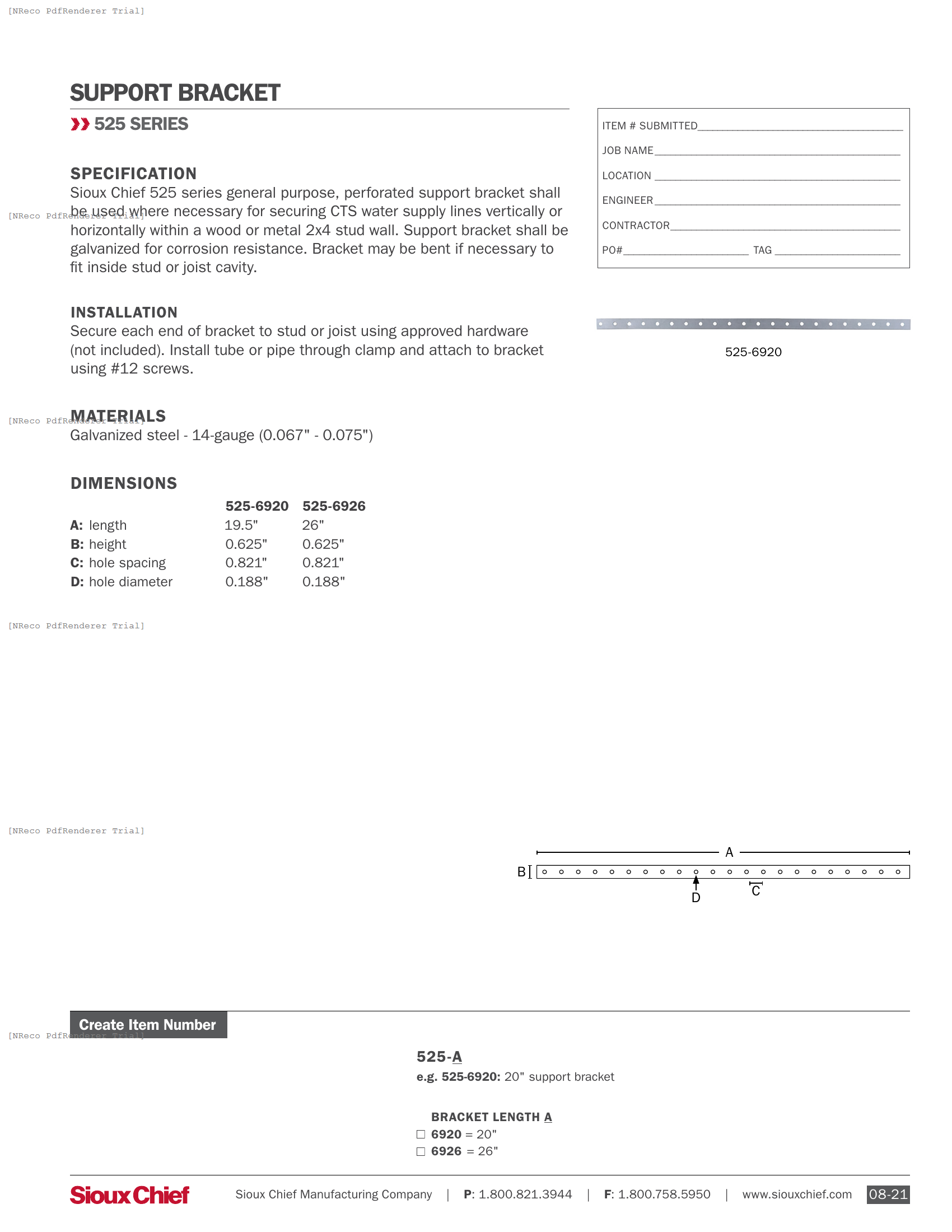 525  SERIES - SUPPORT BRACKET - SPEC SHEET.PDF Specification Document